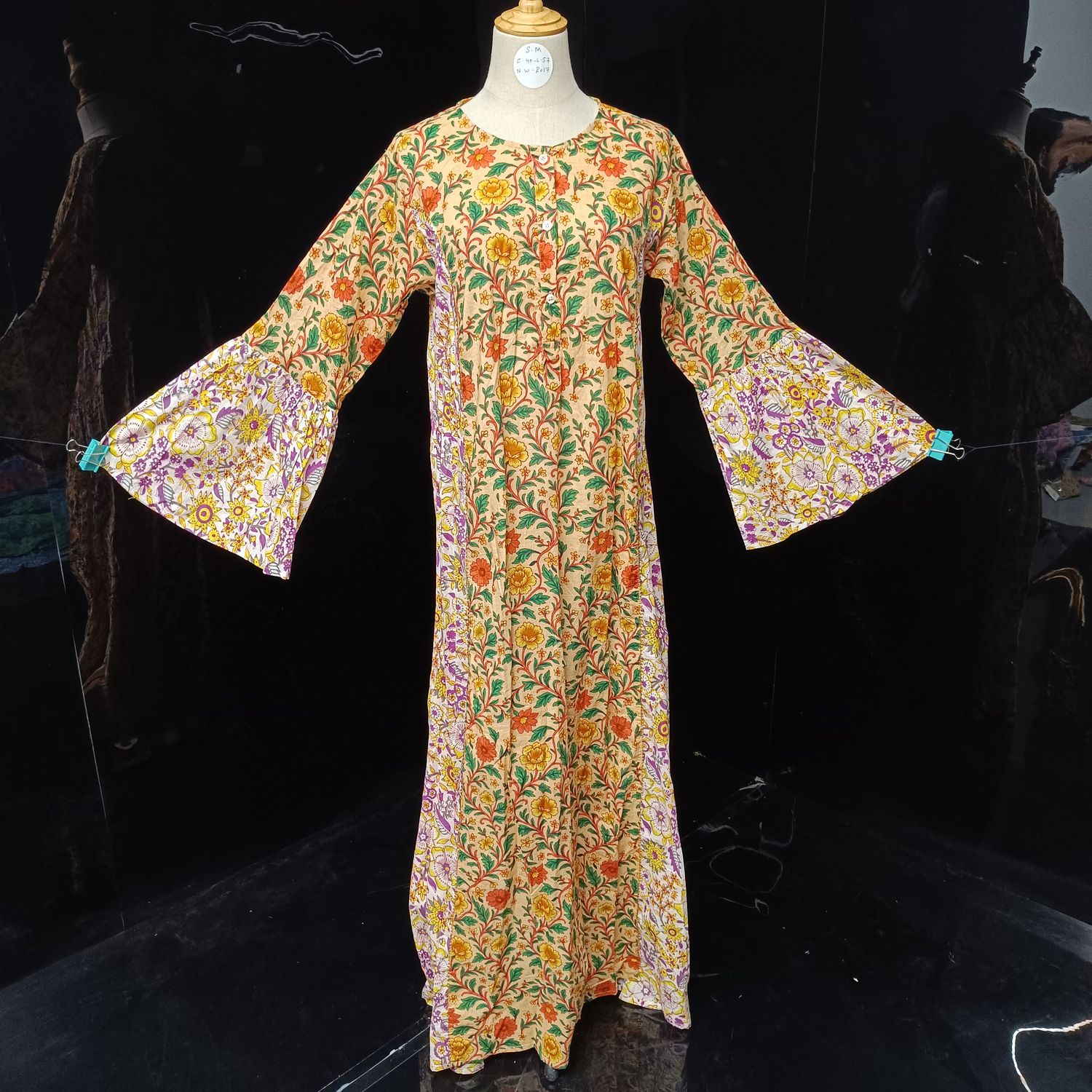 S/M Marry Blue Printed Cotton Dress 57" Long Jalabiya