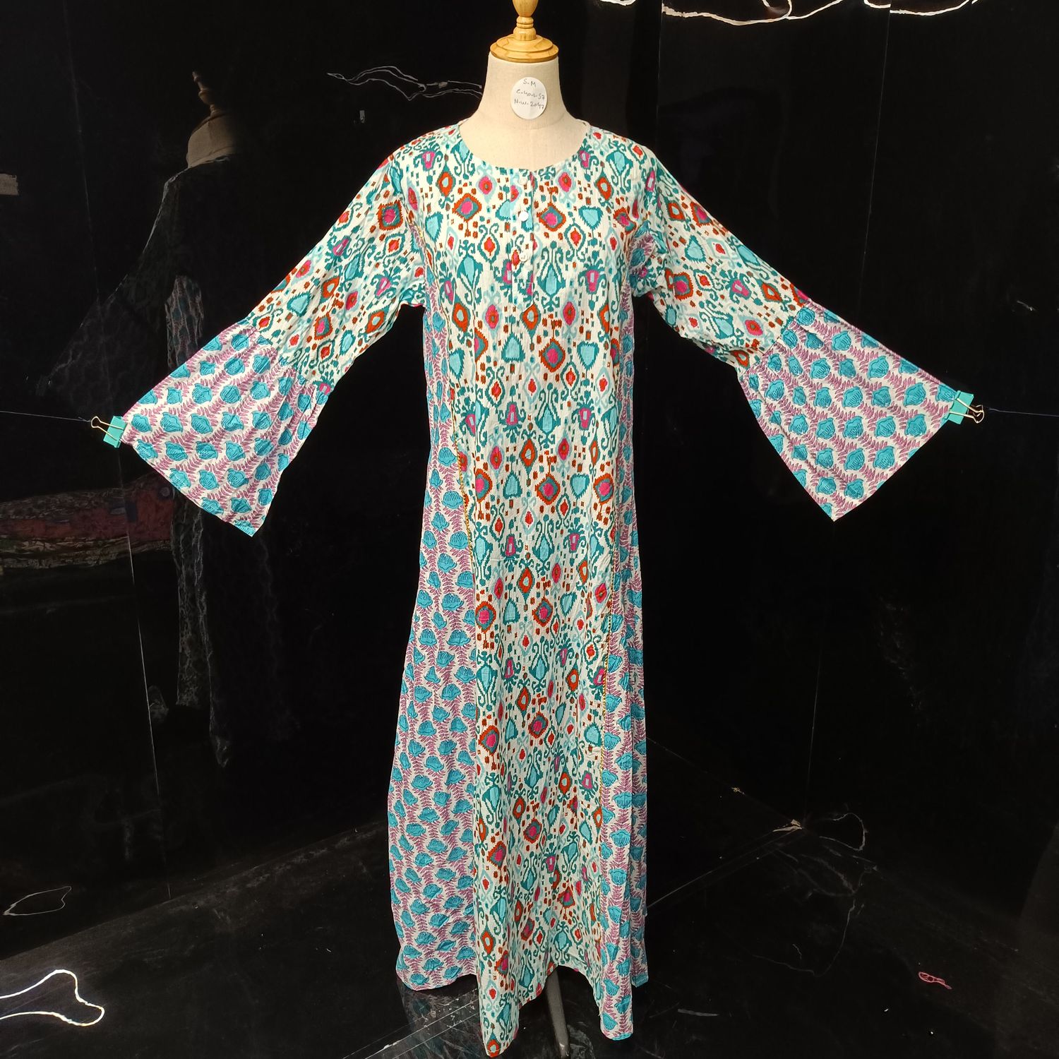 S/M Marry Blue Printed Cotton Dress 57" Long Jalabiya