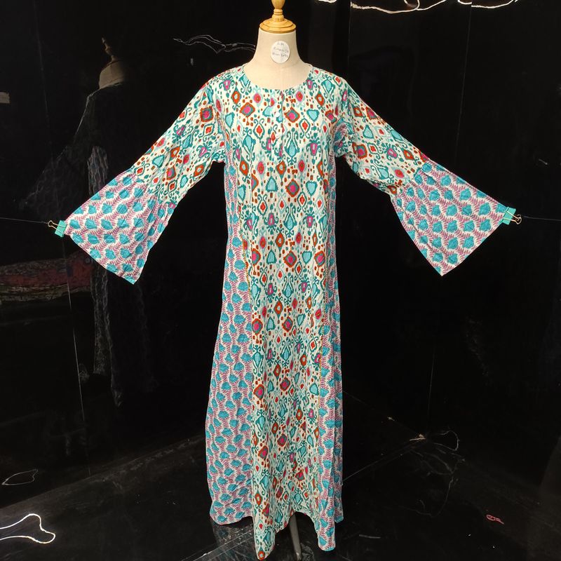 S/M Marry Blue Printed Cotton Dress 57" Long Jalabiya