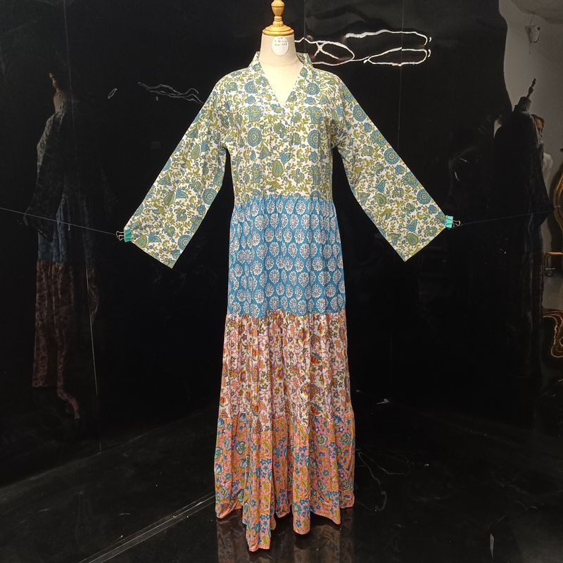 S/M Maldives Blue Printed Cotton Dress 57" Long Jalabiya