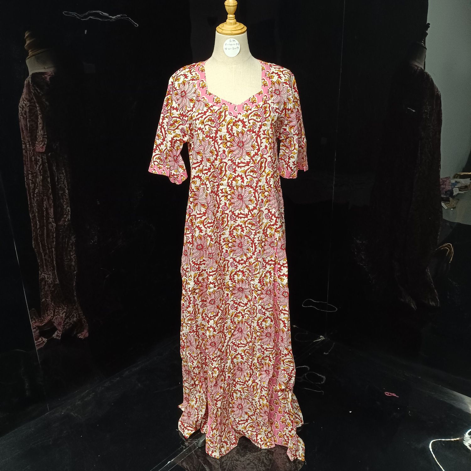 S-M ARIYA Printed Cotton Dress 56" Short Sleeves Jalabiya