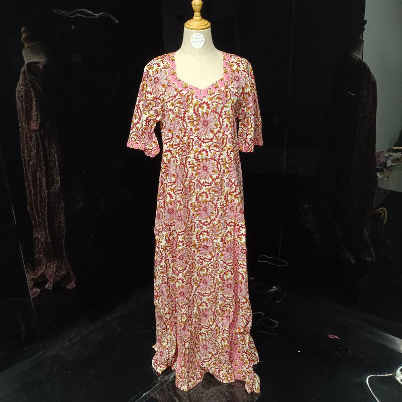 S-M ARIYA Printed Cotton Dress 56" Short Sleeves Jalabiya