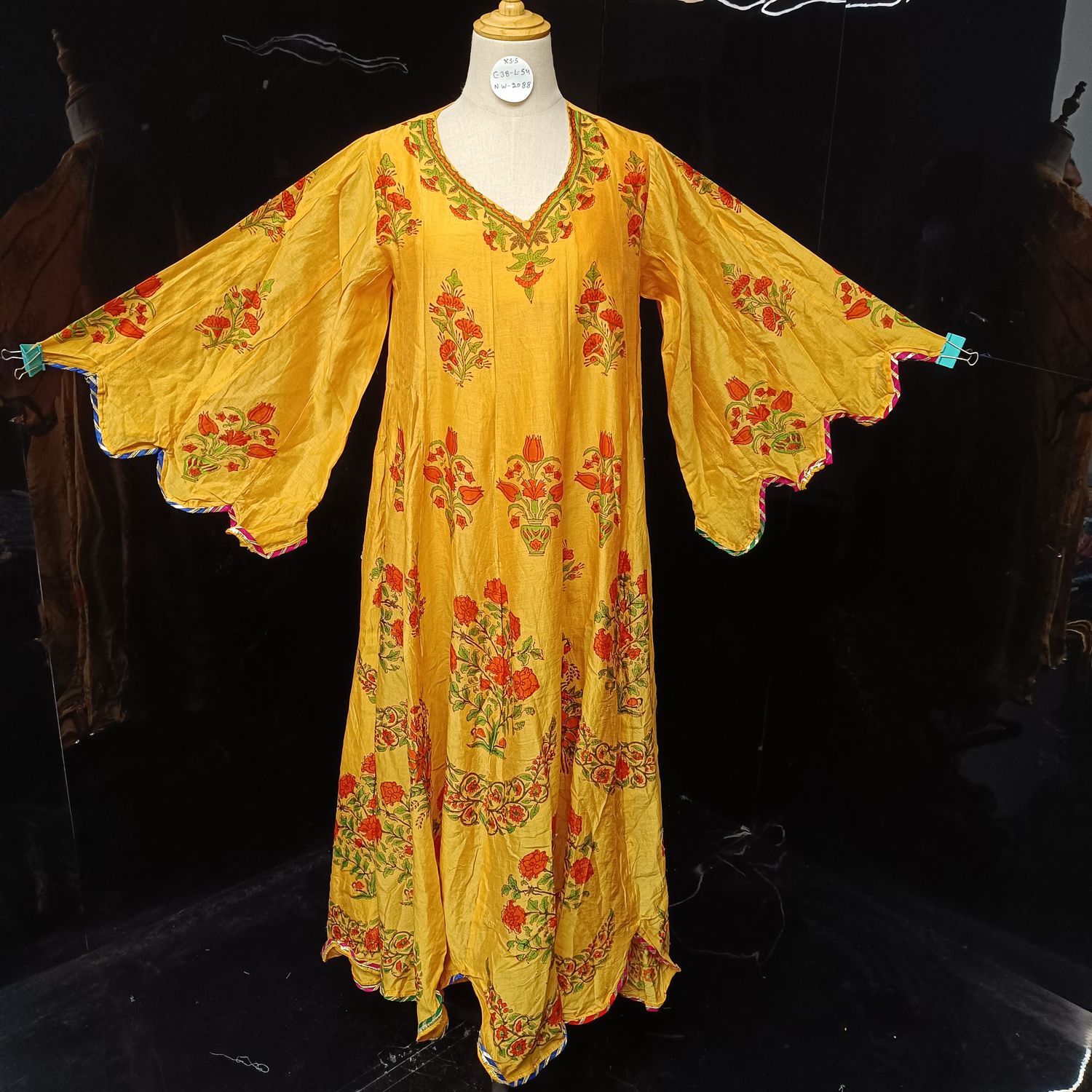 XS/S Meher Black Multi Printed Cotton Dress 54" Long Jalabiya