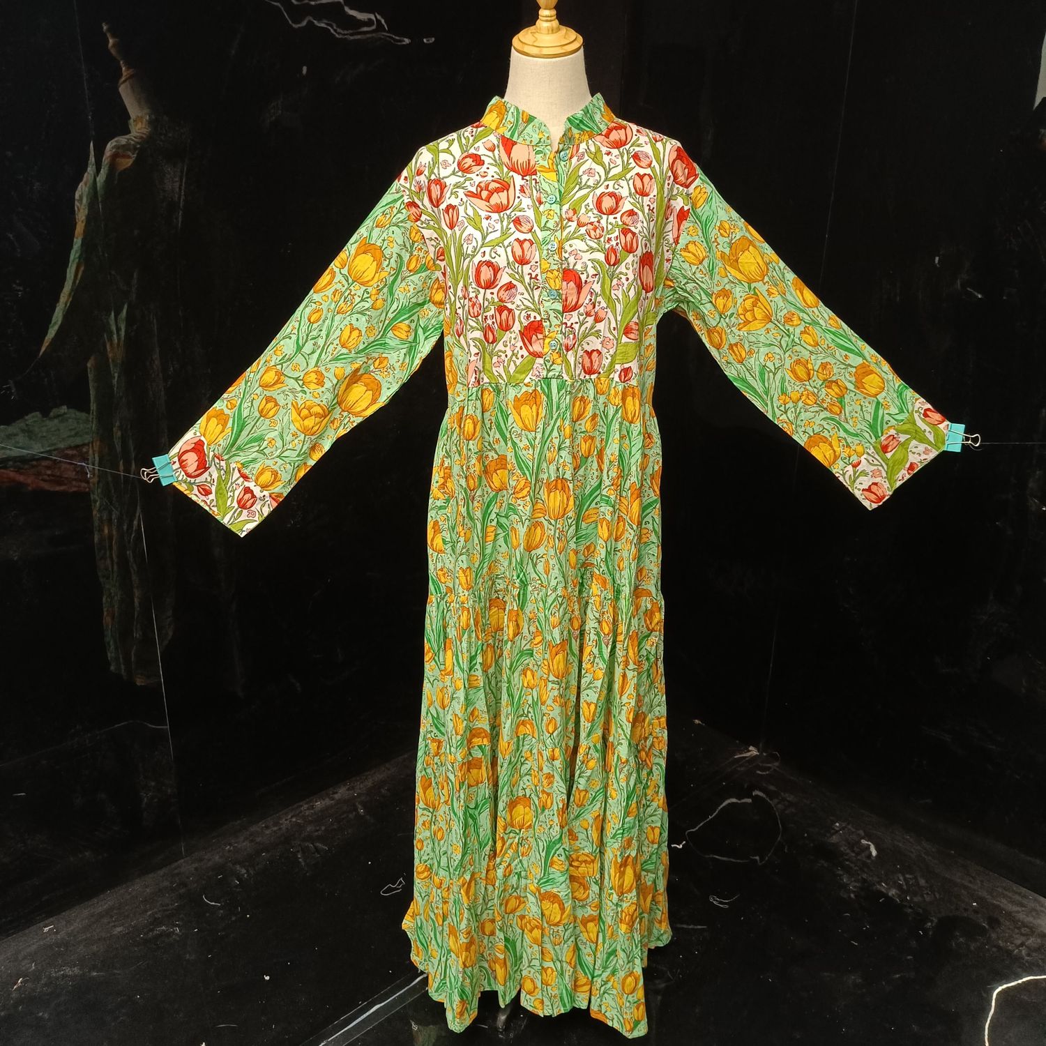 L/XL Green and pink Safia Printed Cotton Dress 57" Long Jalabiya