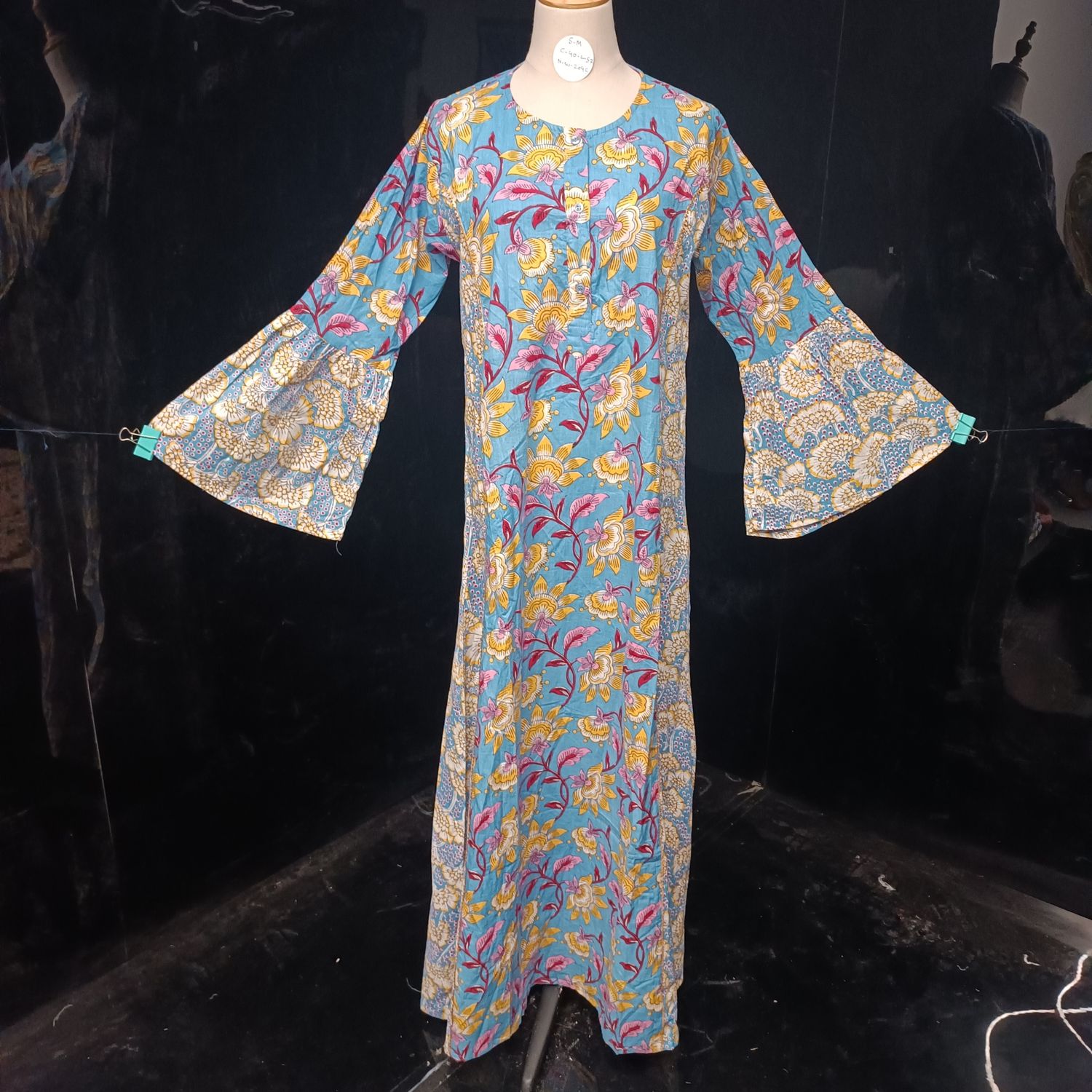S/M Marry Blue Printed Cotton Dress 57" Long Jalabiya