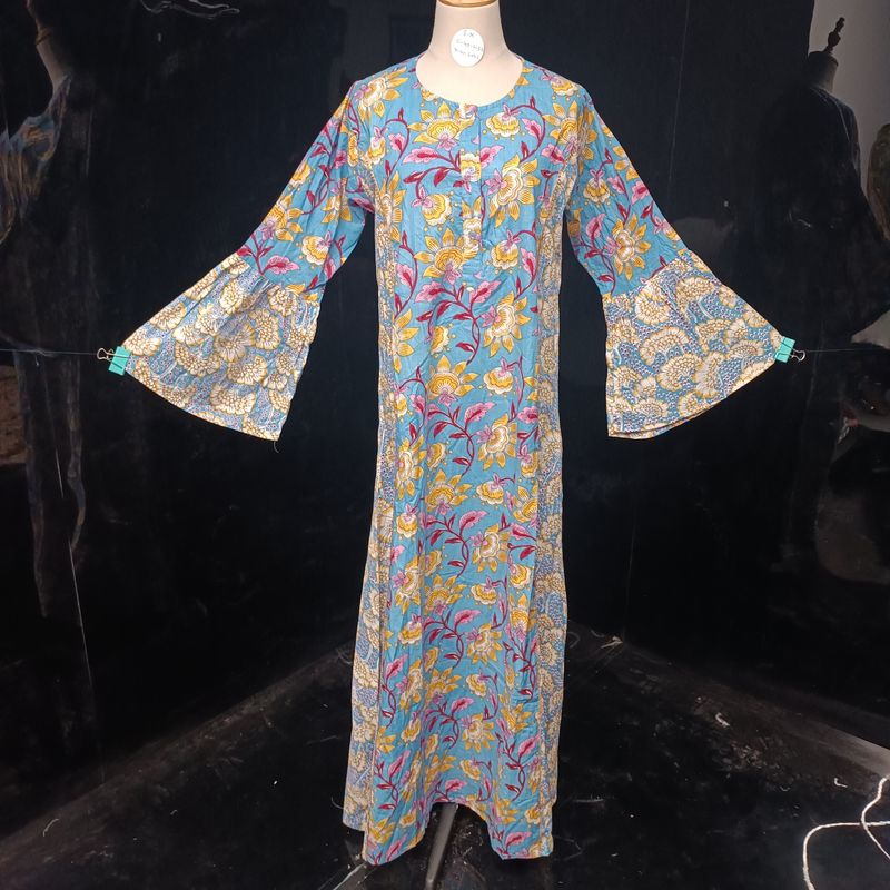 S/M Marry Blue Printed Cotton Dress 57" Long Jalabiya