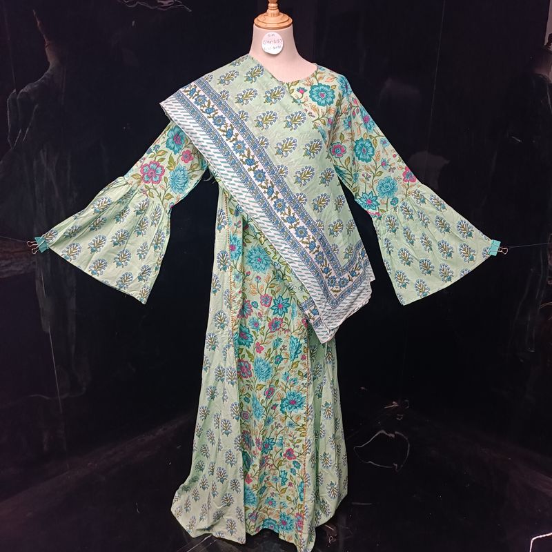 S-M Cotton Printed Marry Dress 56" Long Jalabiya With Sheila