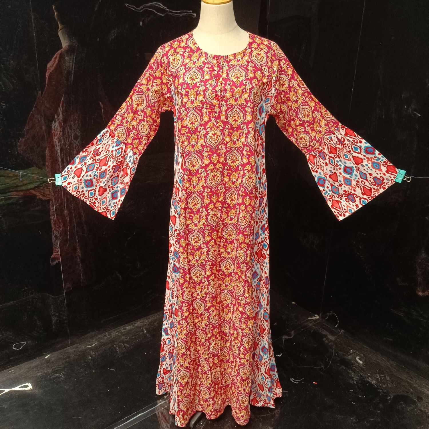S/M Marry pink Printed Cotton Dress 57" Long Jalabiya