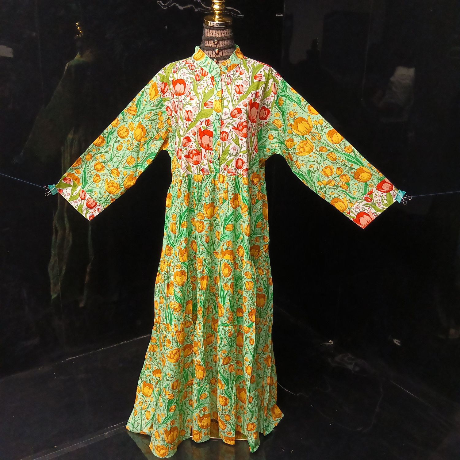 2XL/3XL Blue Safia Printed Cotton Dress 57" Long Jalabiya