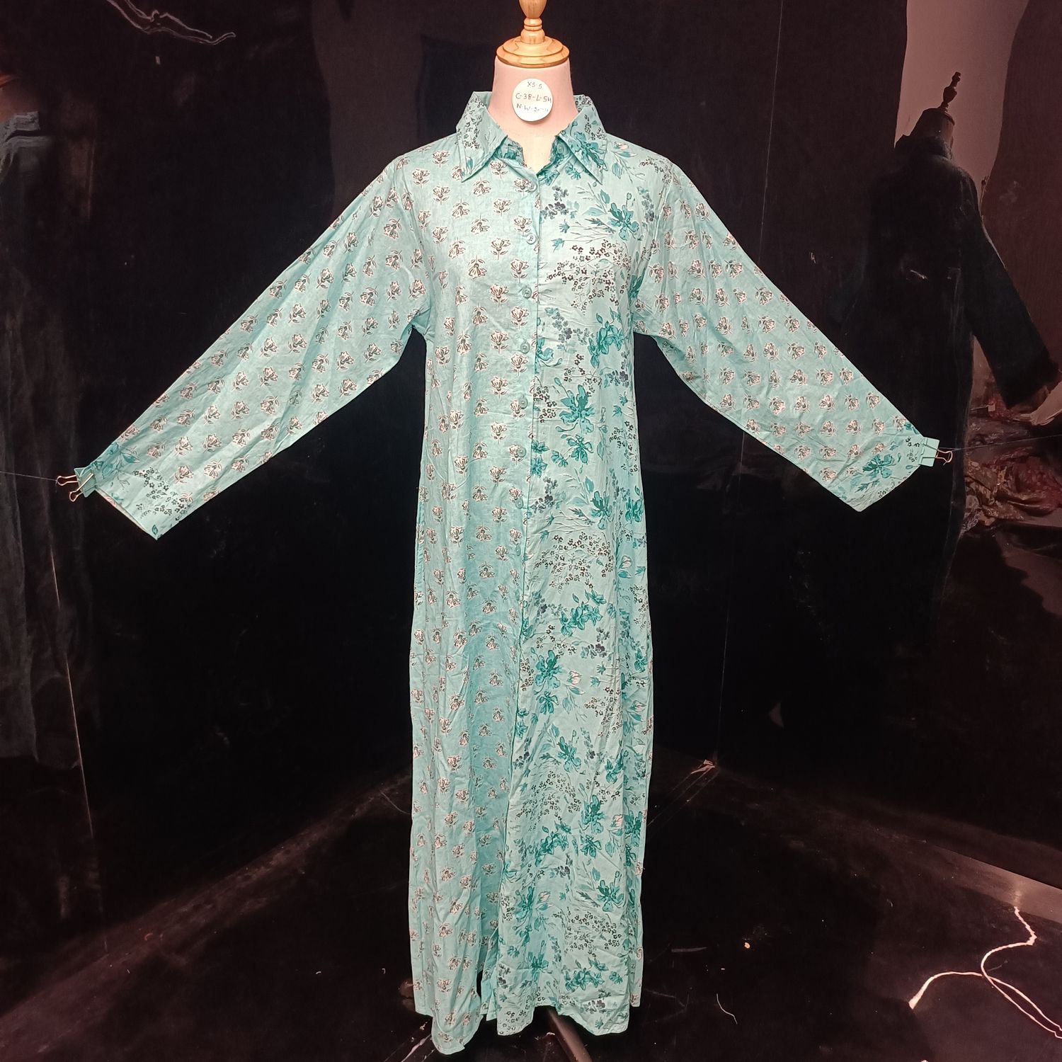 XS/S Singapore Blue Printed Cotton Dress 54" Long Jalabiya