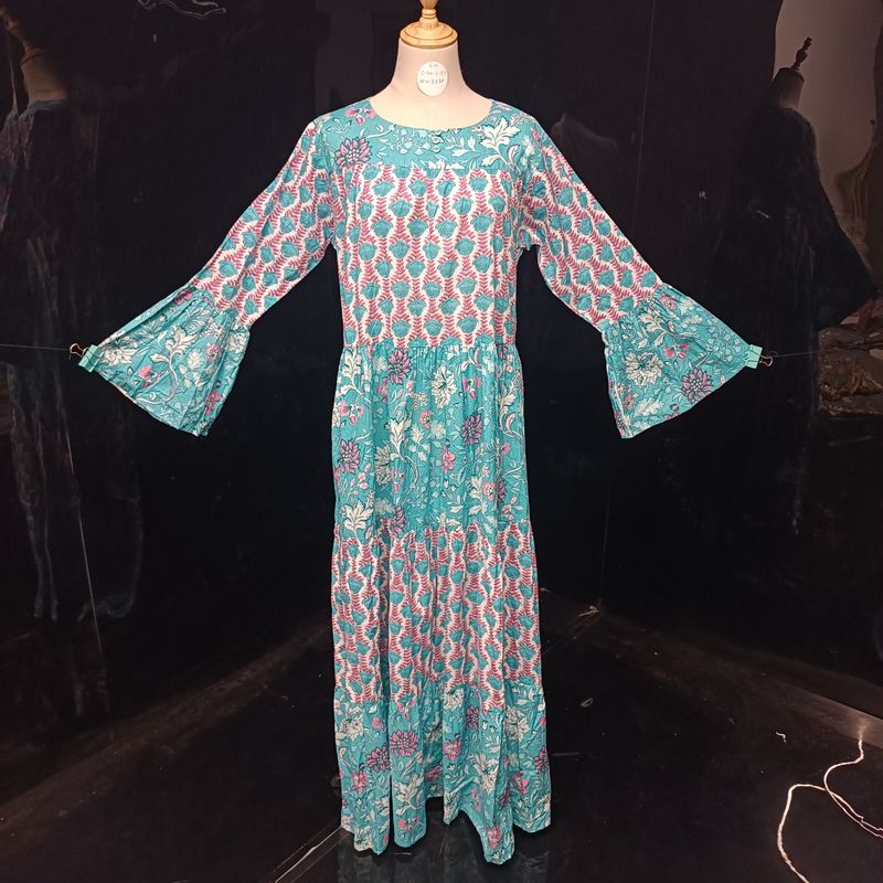 S/M Blue And Pink Moon Printed Cotton Dress 57" Long Jalabiya