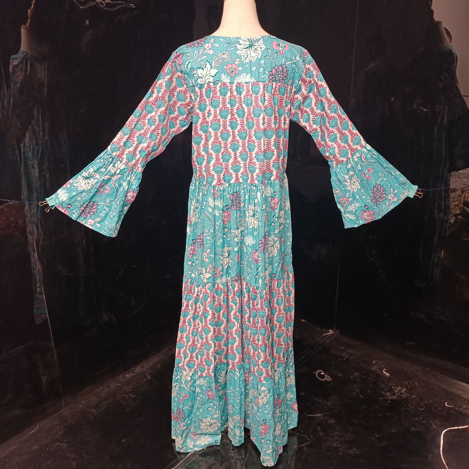 S/M Blue And Pink Moon Printed Cotton Dress 57" Long Jalabiya