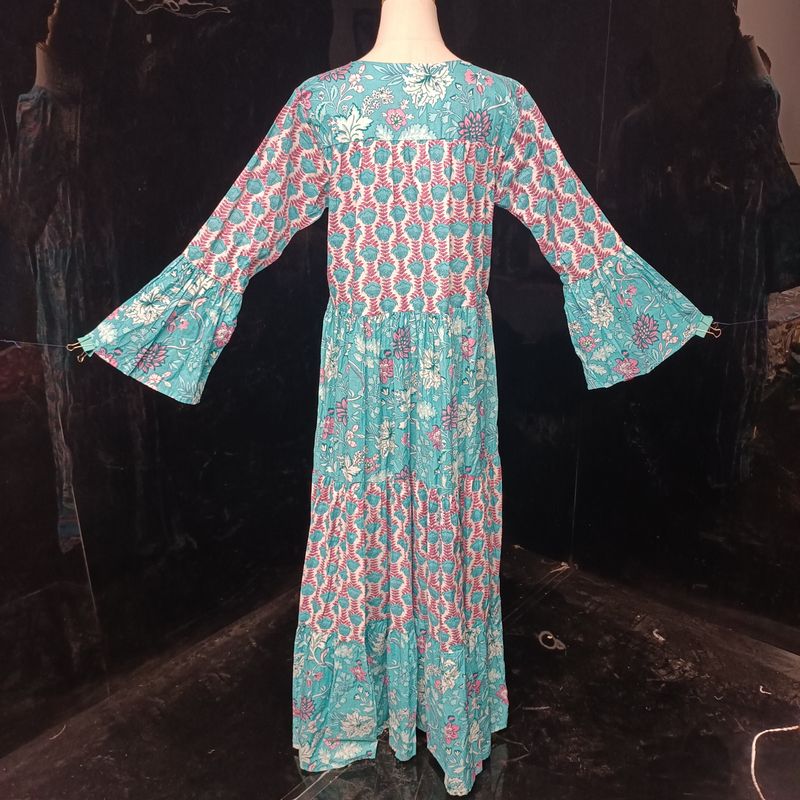 S/M Blue And Pink Moon Printed Cotton Dress 57" Long Jalabiya