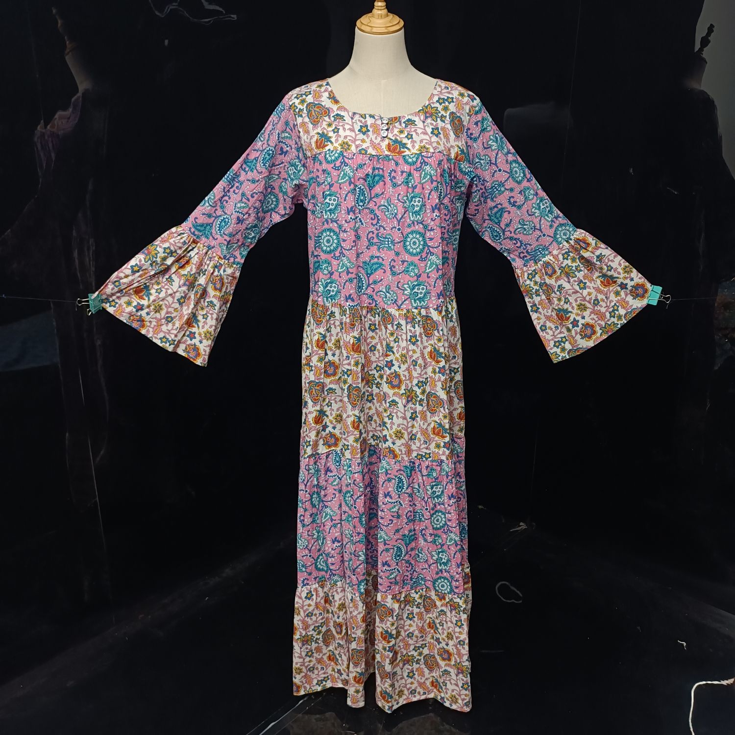 S/M Blue And Pink Moon Printed Cotton Dress 57" Long Jalabiya