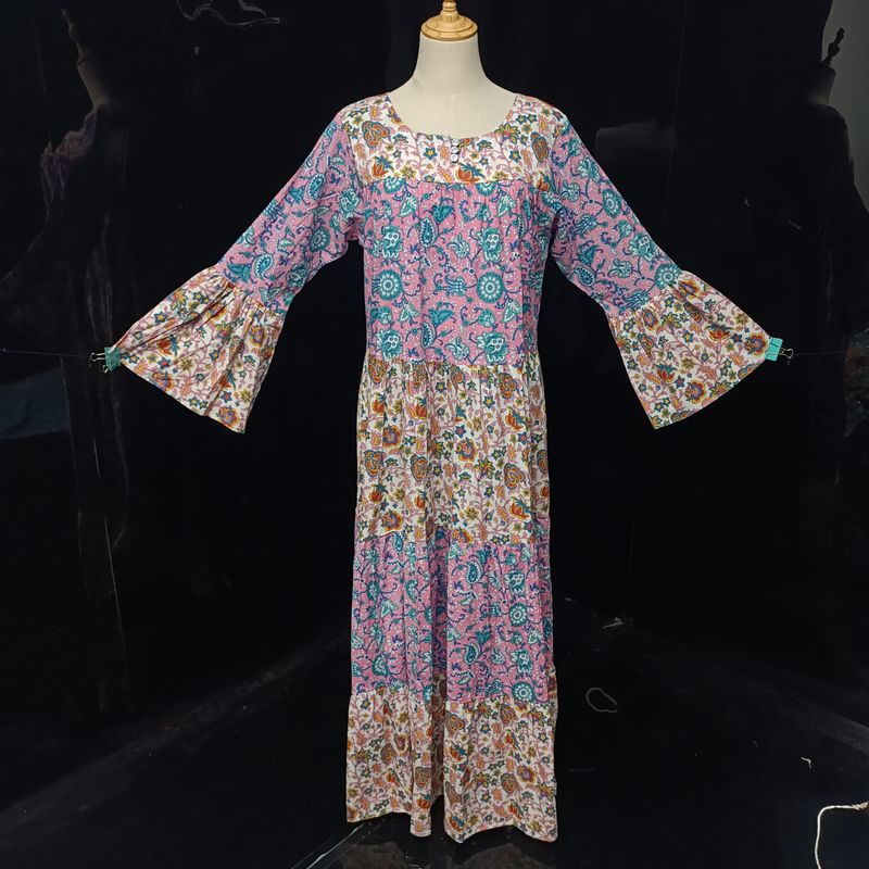 S/M Blue And Pink Moon Printed Cotton Dress 57" Long Jalabiya