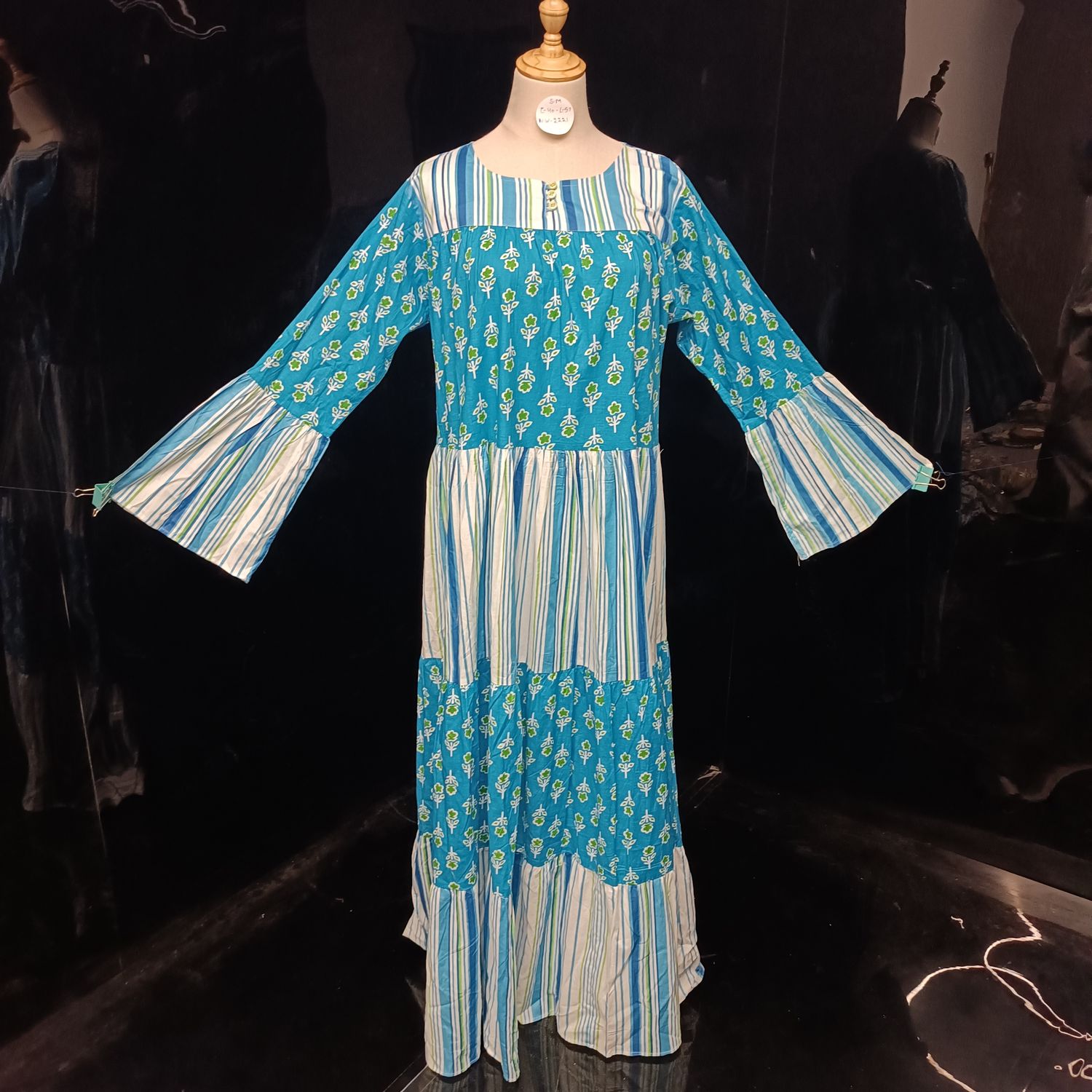 S/M Blue And Pink Moon Printed Cotton Dress 57" Long Jalabiya