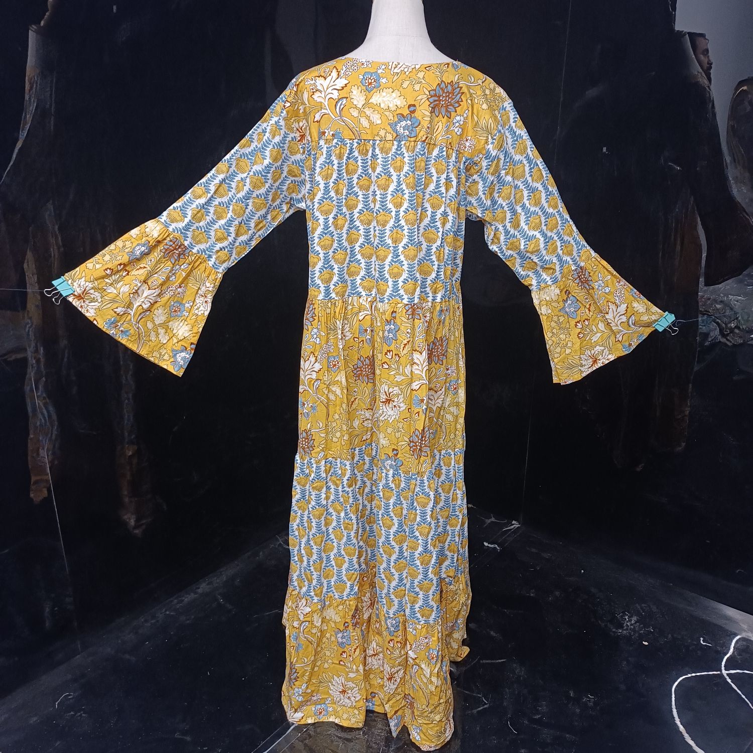 2XL/3XL Blue And Pink Moon Printed Cotton Dress 57" Long Jalabiya