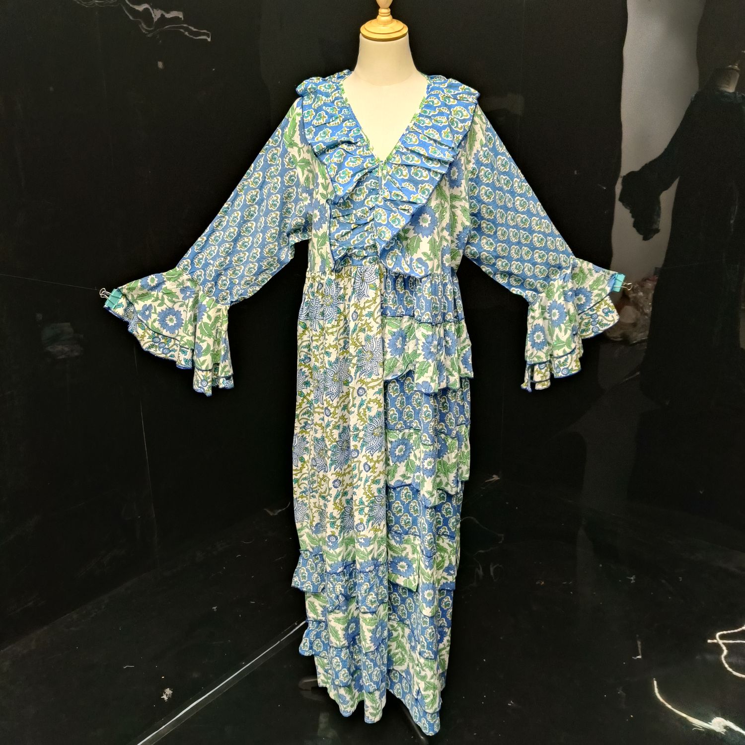 2XL/3XL Sabah BLUE CRYSTAL Printed Cotton Dress 57" Long Jalabiya