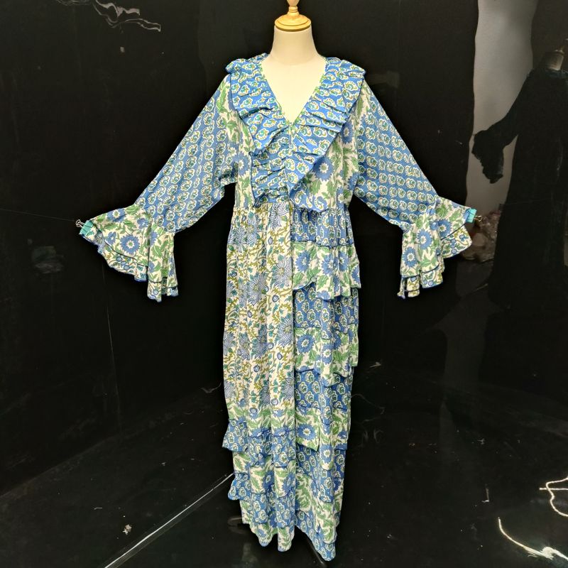 2XL/3XL Sabah BLUE CRYSTAL Printed Cotton Dress 57" Long Jalabiya