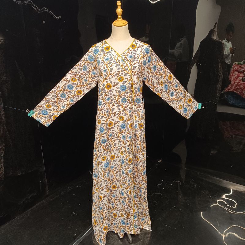 S/M Qifa Printed Cotton Dress 57" Long Jalabiyas
