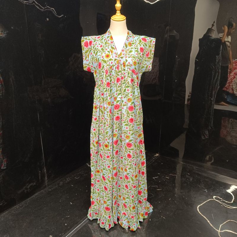 S-M Amani Printed Cotton Dress 57" Short Sleeves Jalabiya