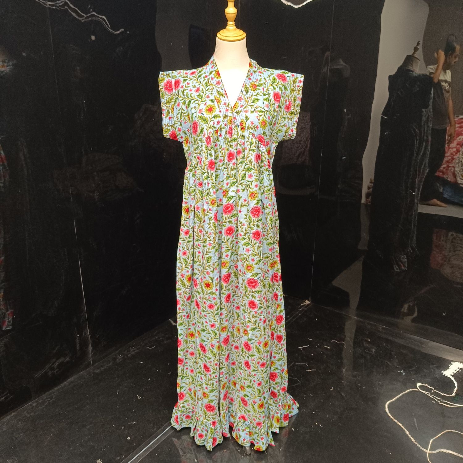 S-M Amani Printed Cotton Dress 57" Short Sleeves Jalabiya