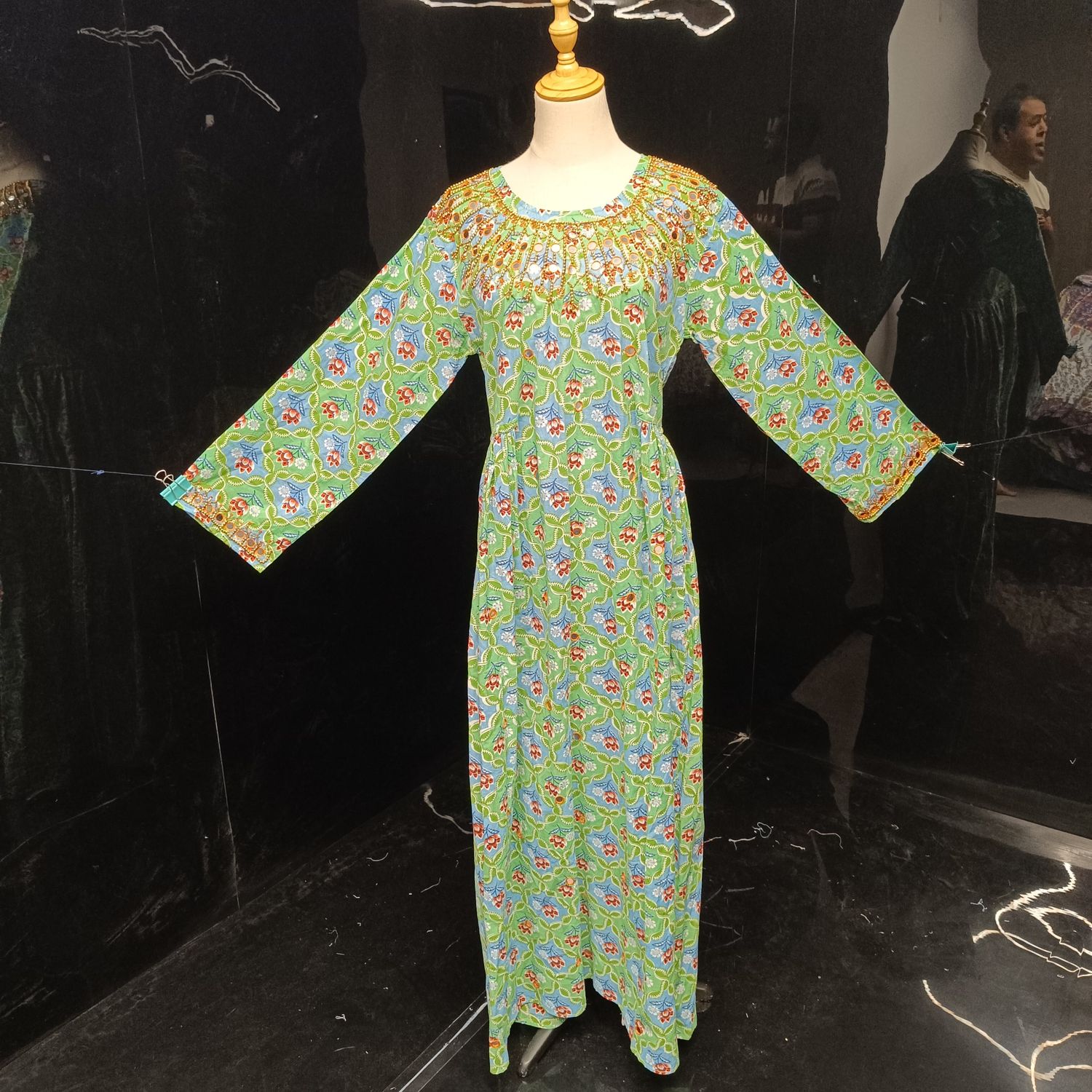 S/M Bhopali Printed And Hand work Cotton Dress 57" Long Jalabiya