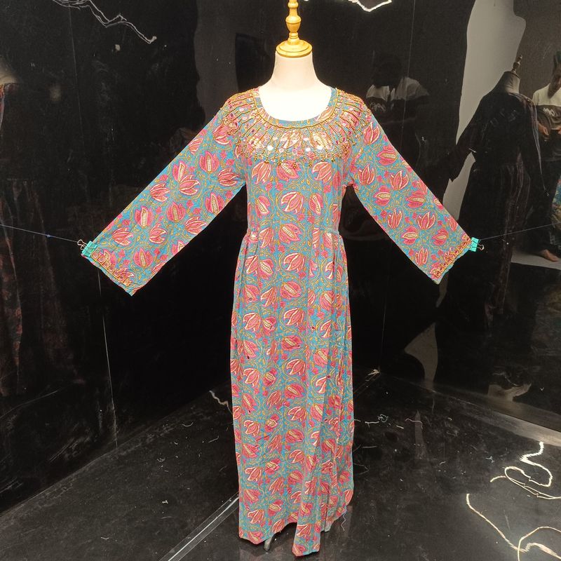 S/M Bhopali Printed And Hand work Cotton Dress 57" Long Jalabiya