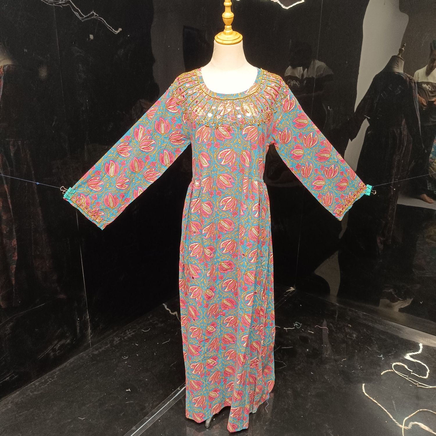 S/M Bhopali Printed And Hand work Cotton Dress 57" Long Jalabiya