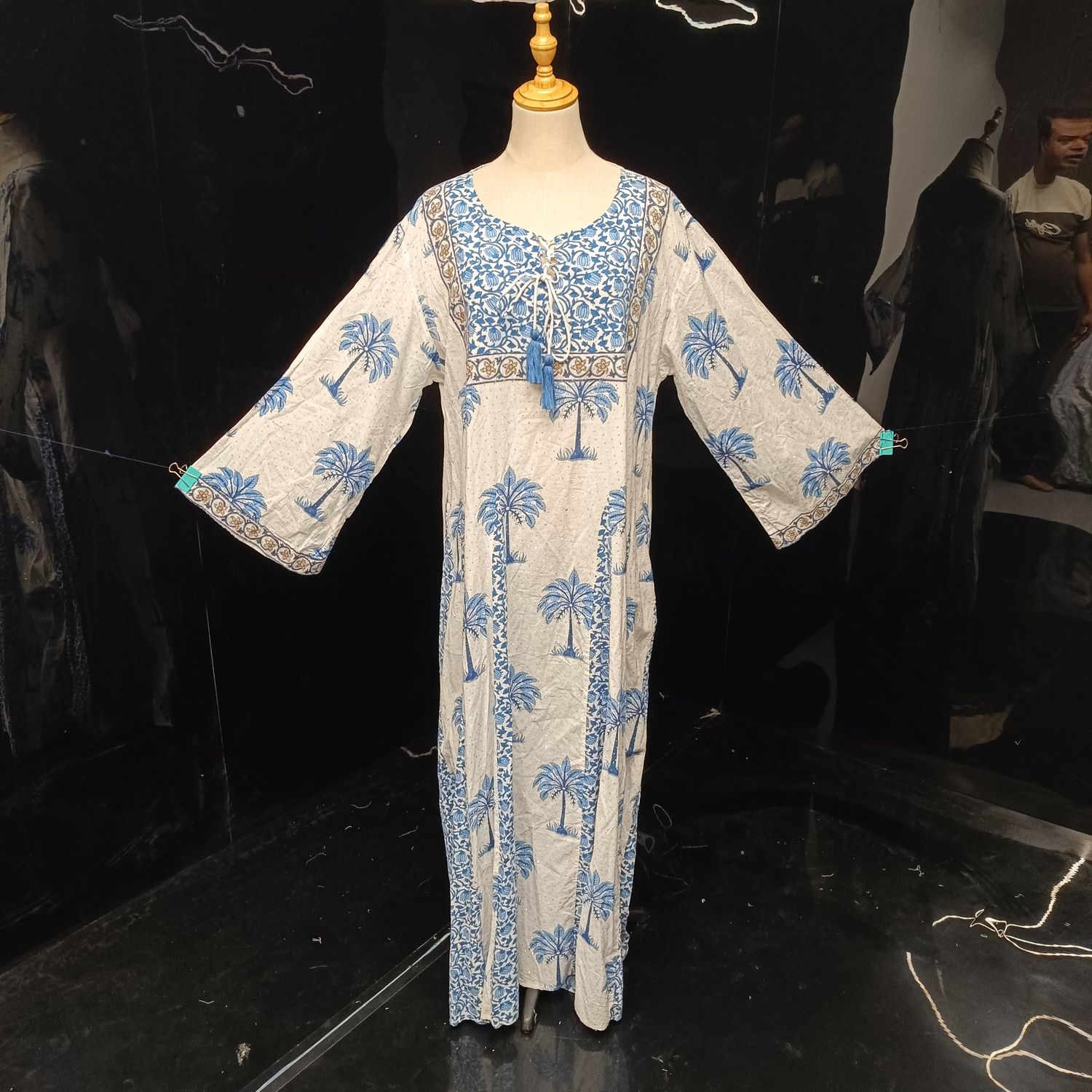 2XL-3XL Anaya Crystal Blue Printed Cotton Girls Dress 57" Long Jalabiya