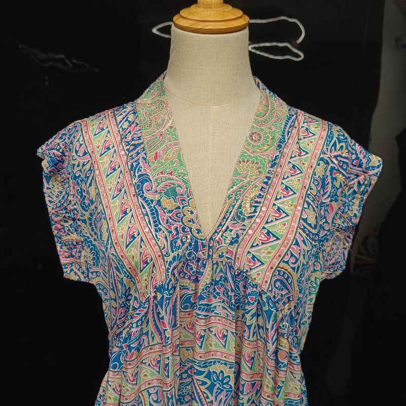 S/M Silk Amani Printed Cotton Dress 57" Short Sleeves Jalabiya