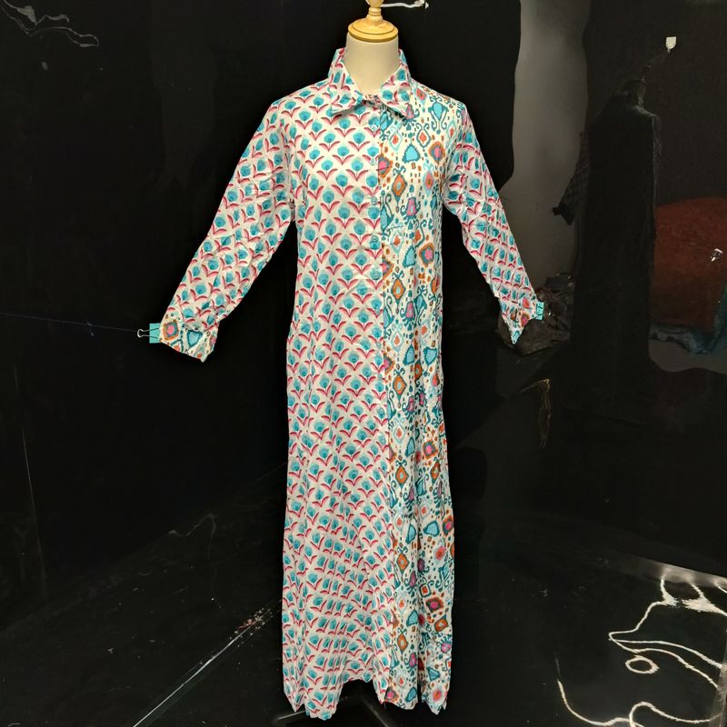 XS/S Singapore Blue Printed Cotton Dress 54" Long Jalabiya
