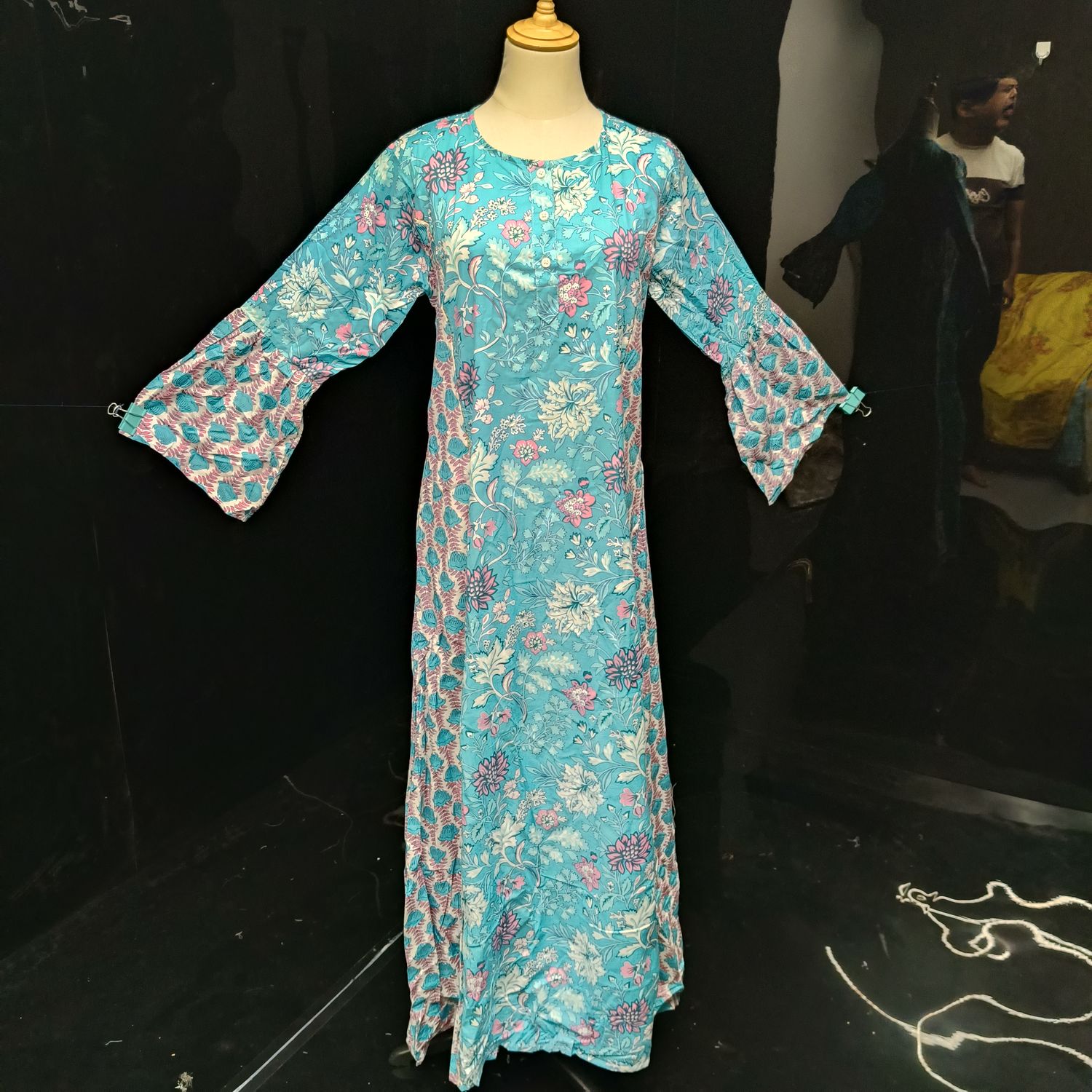 XS/S Marry Blue Printed Cotton Dress 54" Long Jalabiya