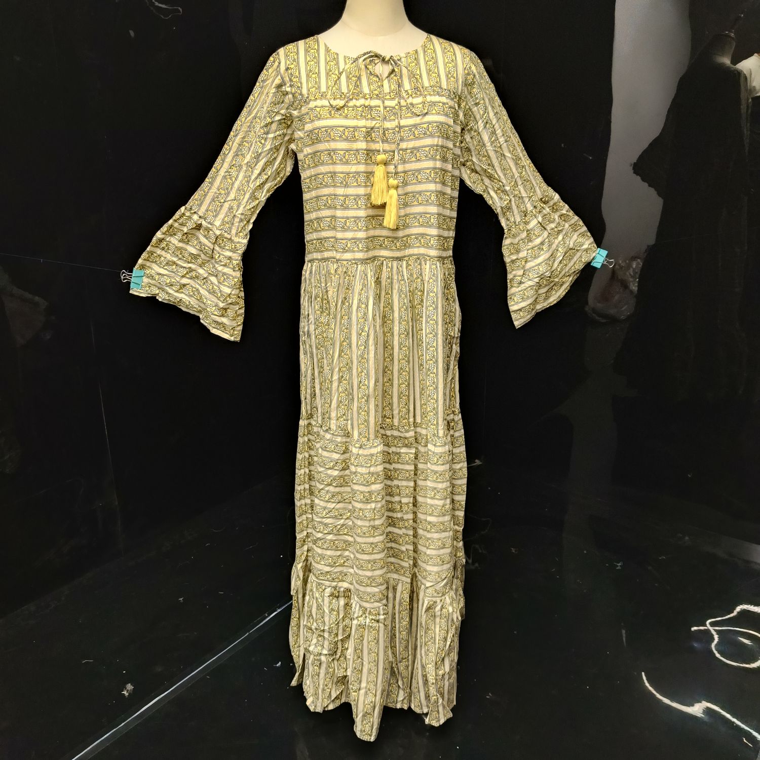 S/M Abia Yellow Cotton Dress 57" Long Jalabiya