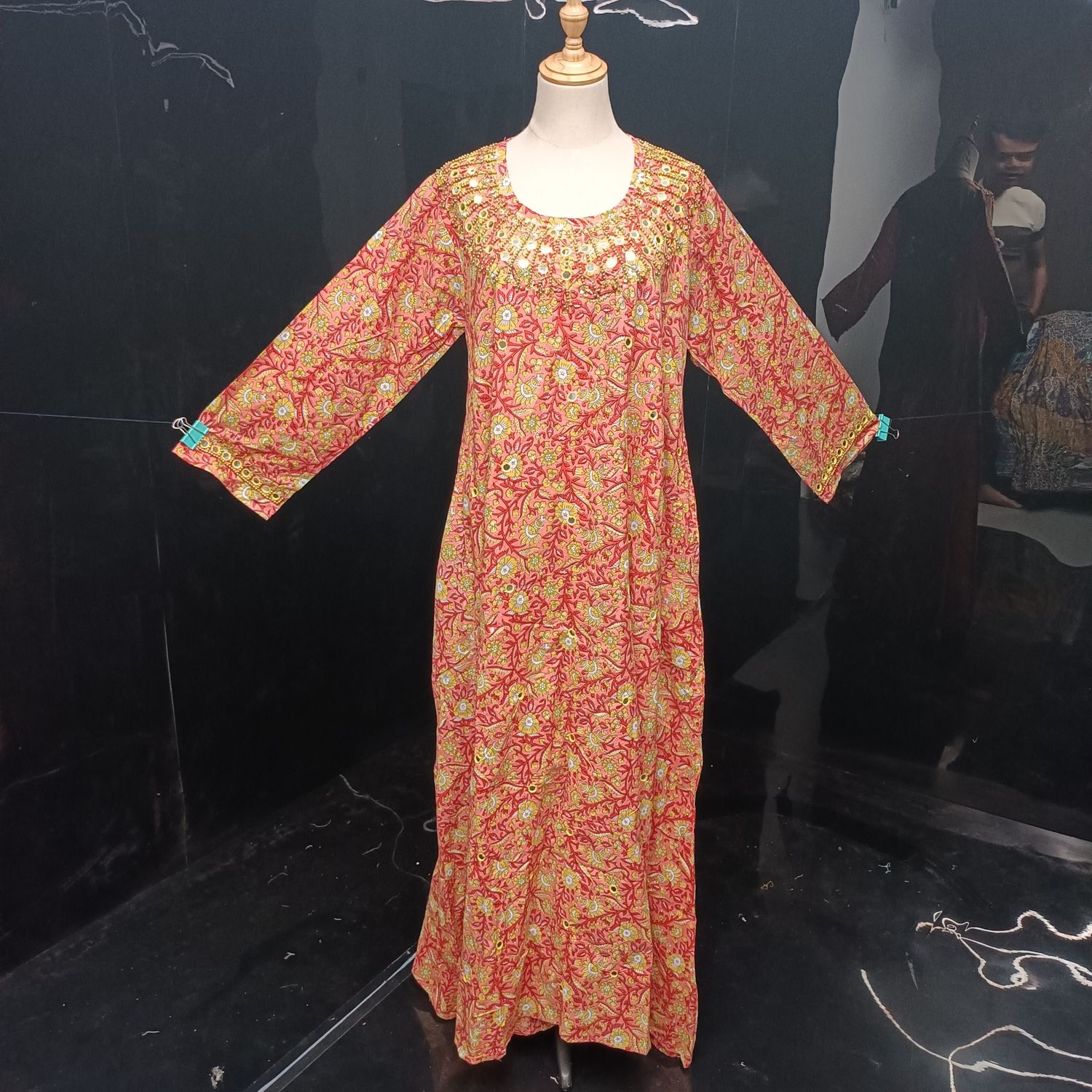 S/M Bhopali Printed And Hand work Cotton Dress 57" Long Jalabiya