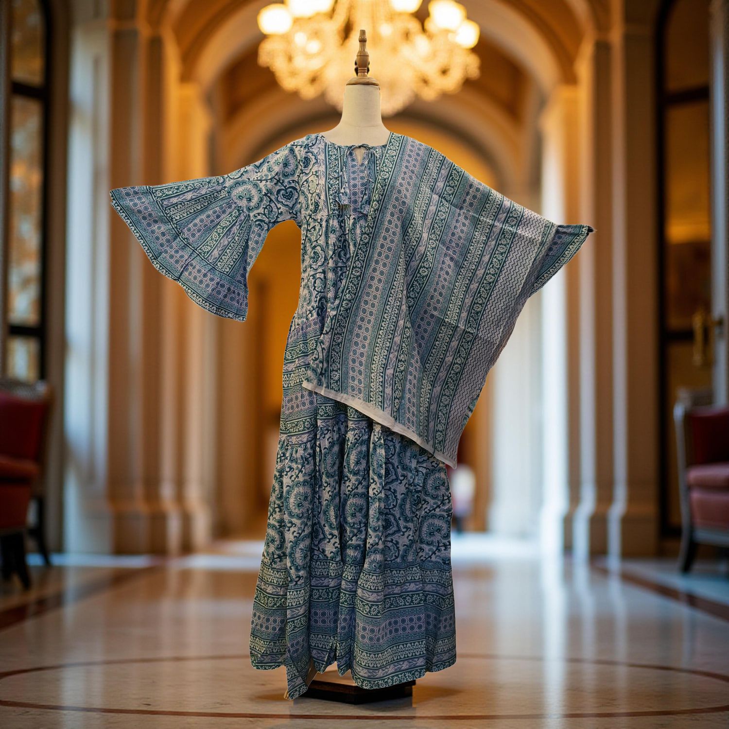 S/M Gaby Green With Sheila Printed Cotton Dress 57" Long Jalabiya