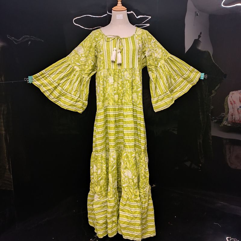 2XL/3XL Gaby Green Printed Cotton Dress 57" Long Jalabiya