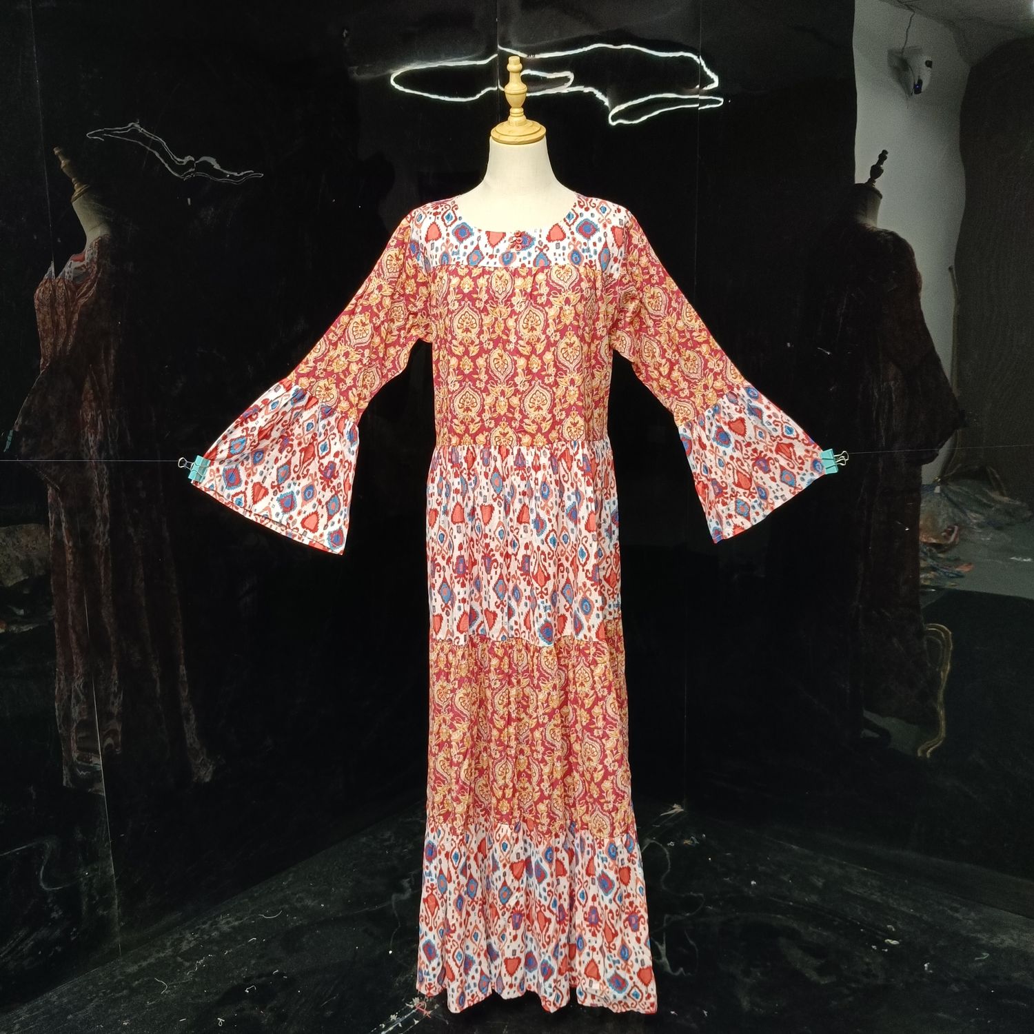 S/M Blue And Pink Moon Printed Cotton Dress 57" Long Jalabiya