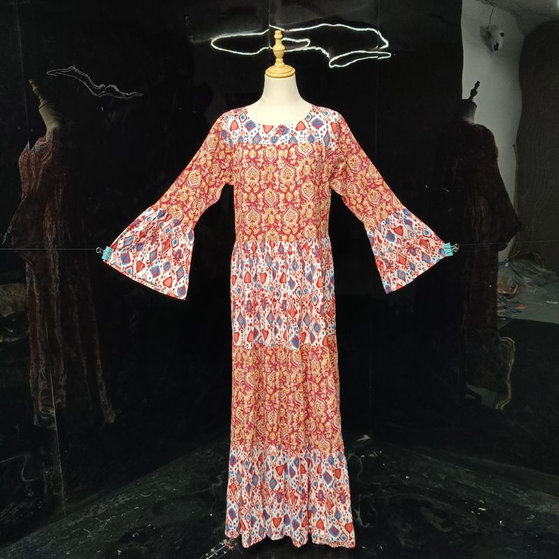 S/M Blue And Pink Moon Printed Cotton Dress 57" Long Jalabiya