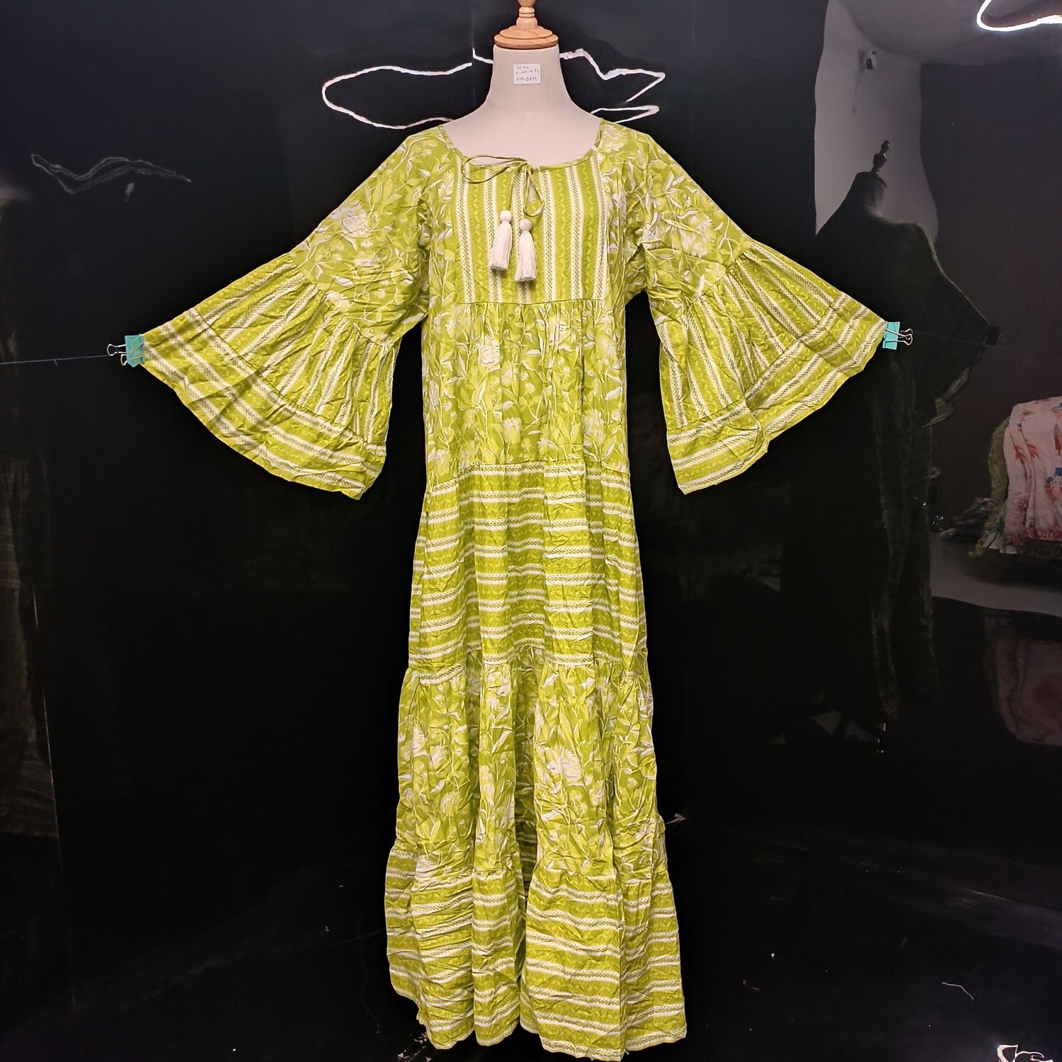 2XL/3XL Gaby Green Printed Cotton Dress 57" Long Jalabiya