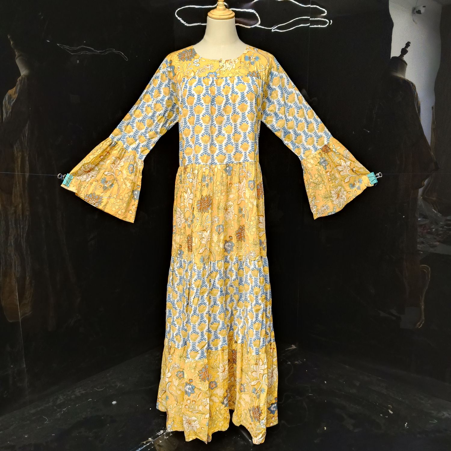 S/M Blue And Pink Moon Printed Cotton Dress 57" Long Jalabiya