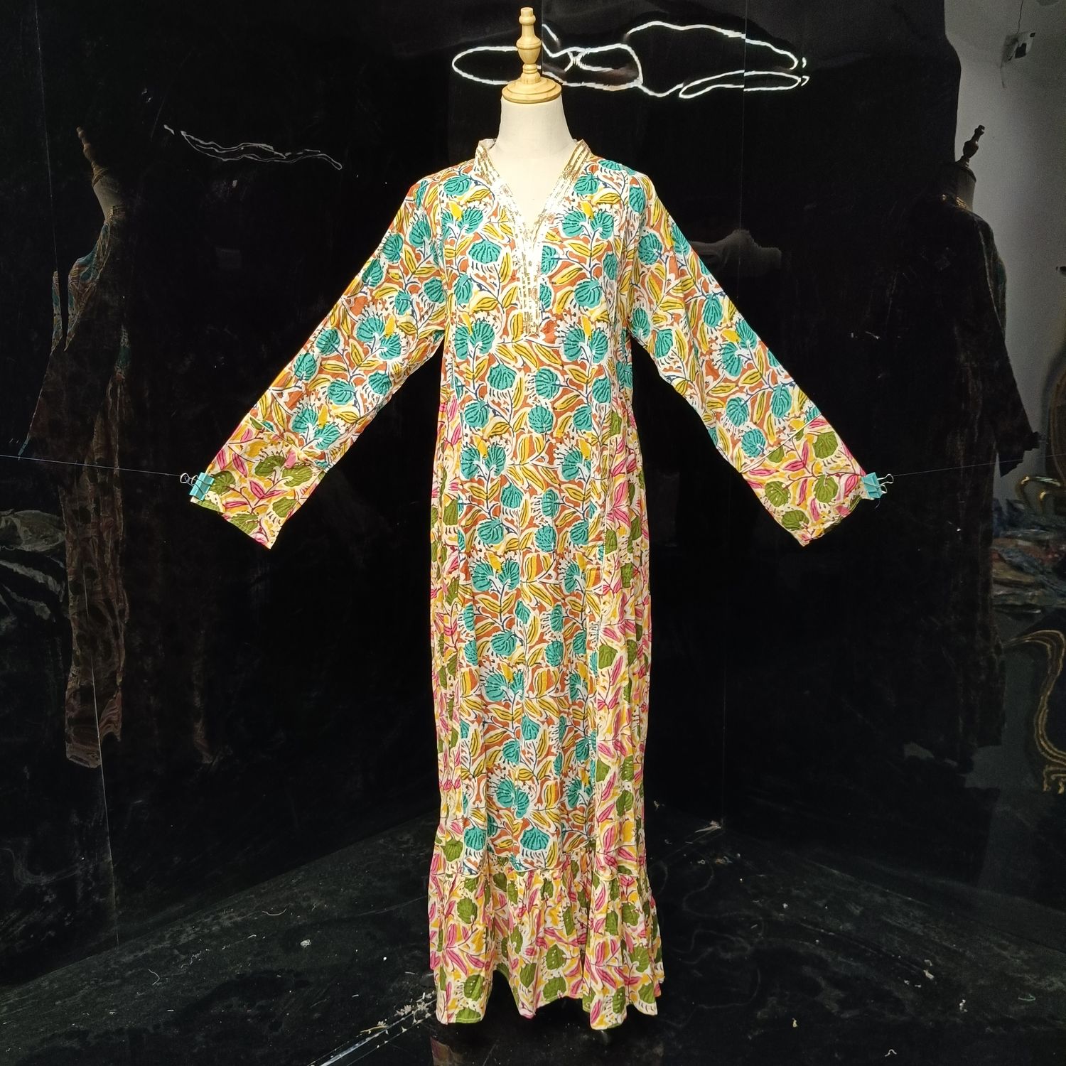 L/XL Safa Printed Cotton Dress 57" Long Jalabiya