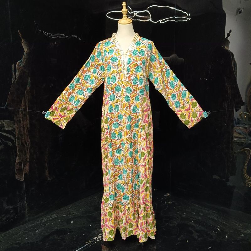 L/XL Safa Printed Cotton Dress 57" Long Jalabiya