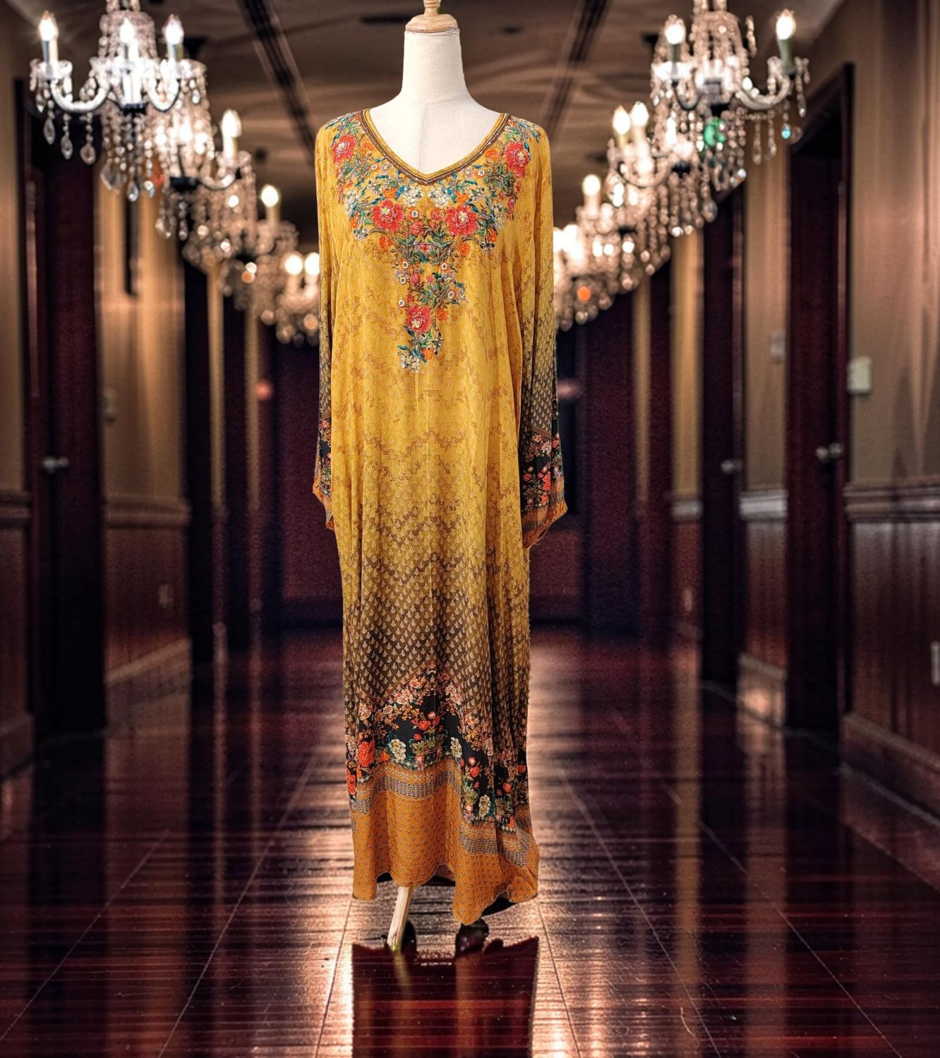 2XL Digital Dress Kaftan Printed Silky Hand Crystal 59" Long Jalabiya