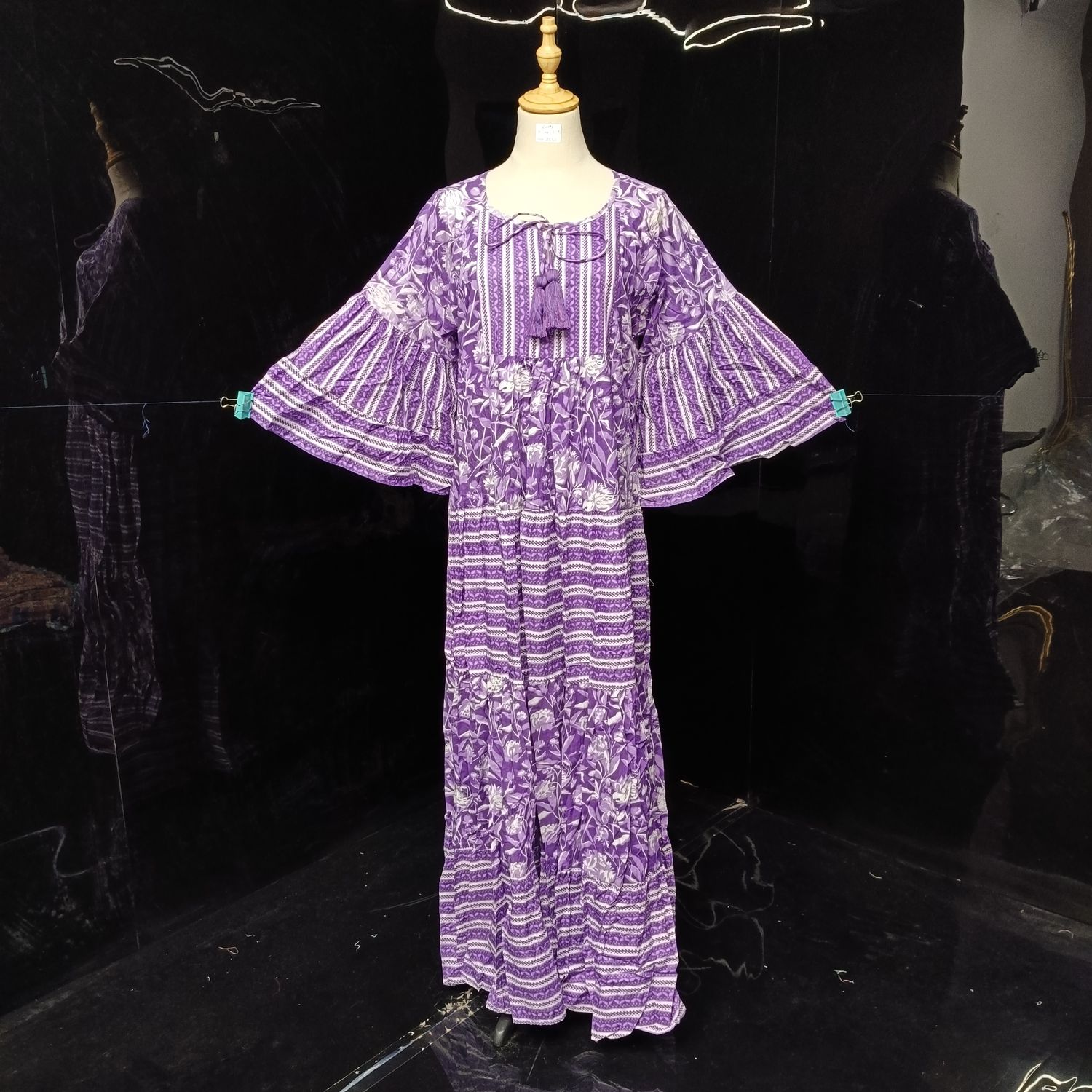 S/M Gaby Blue Printed Cotton Dress 57" Long Jalabiya