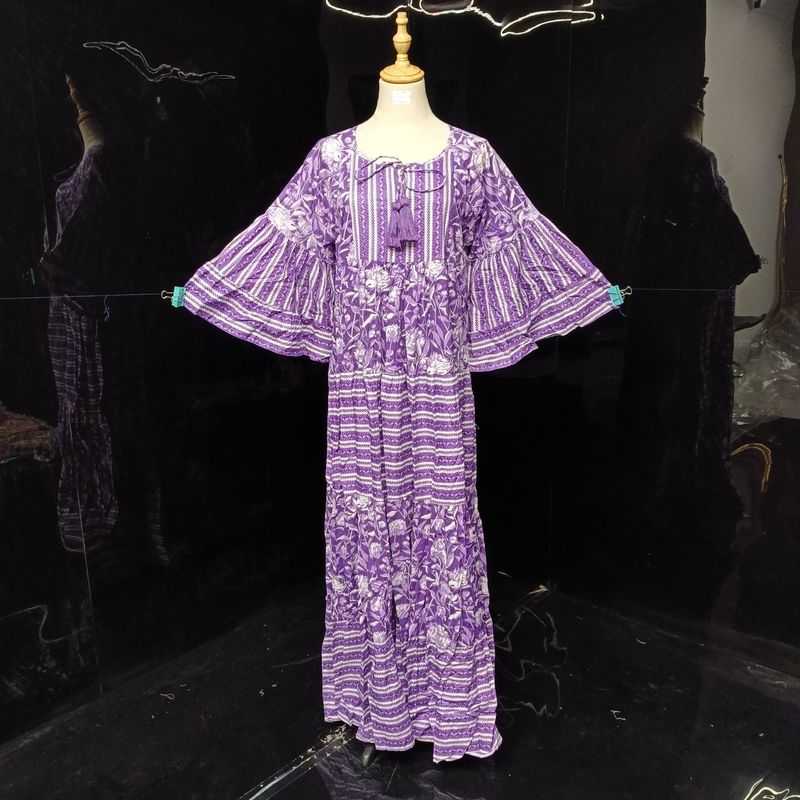 S/M Gaby Blue Printed Cotton Dress 57" Long Jalabiya