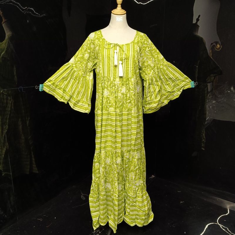 L-XL Gaby Blue Printed Cotton Dress 57" Long Jalabiya