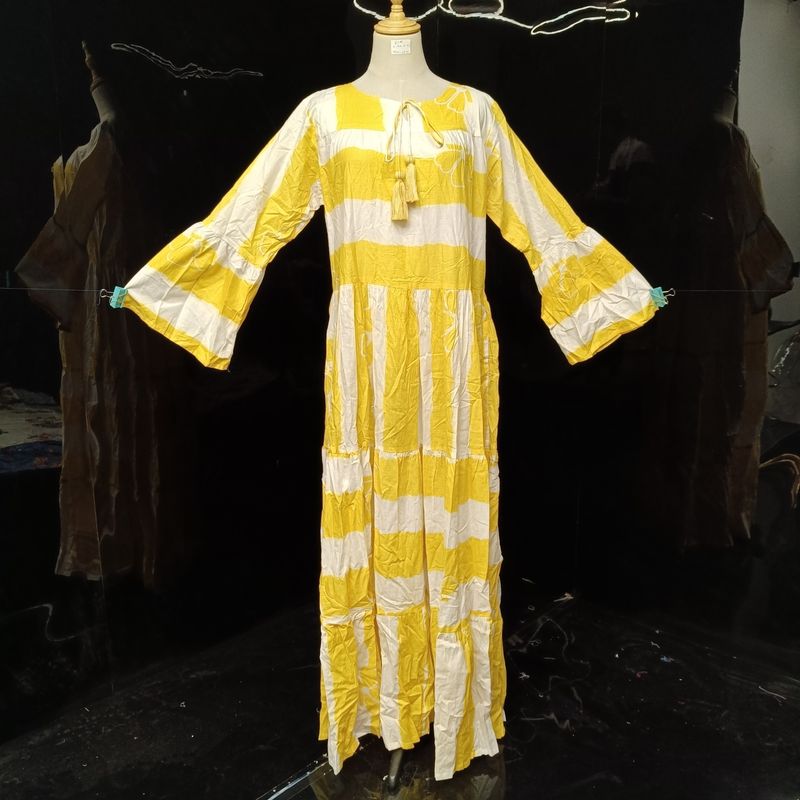 S/M Abiya Yellow Cotton Dress 57" Long Jalabiya