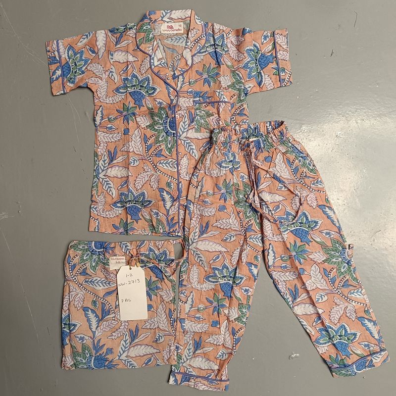 1-2 Year Cotton Half Sleeves Shirt Collar Neck Full Pajama Set