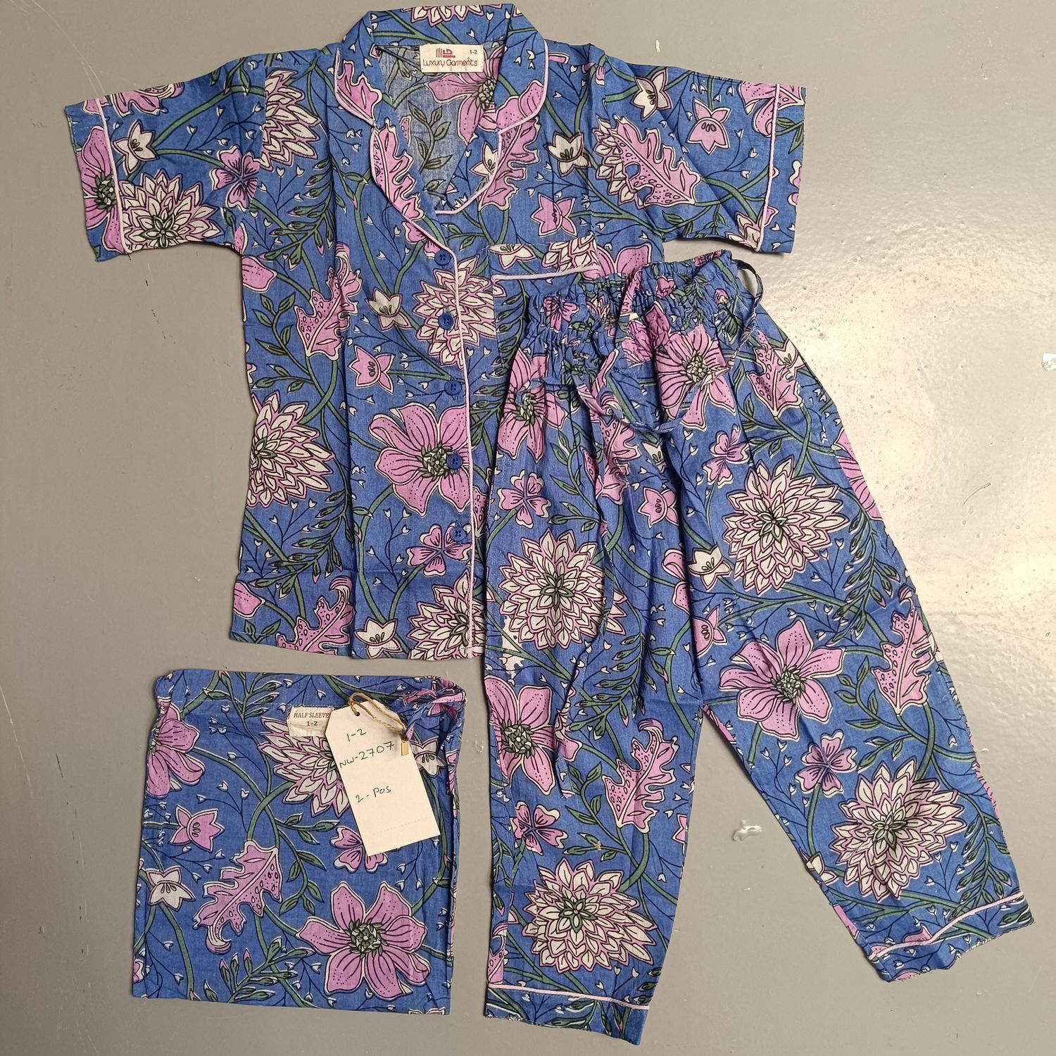 1-2 Year Cotton Half Sleeves Shirt Collar Neck Full Pajama Set